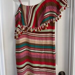 Boston Proper One Shoulder Striped Short Dress Sz 8 Tassels Resort Feminine Chic